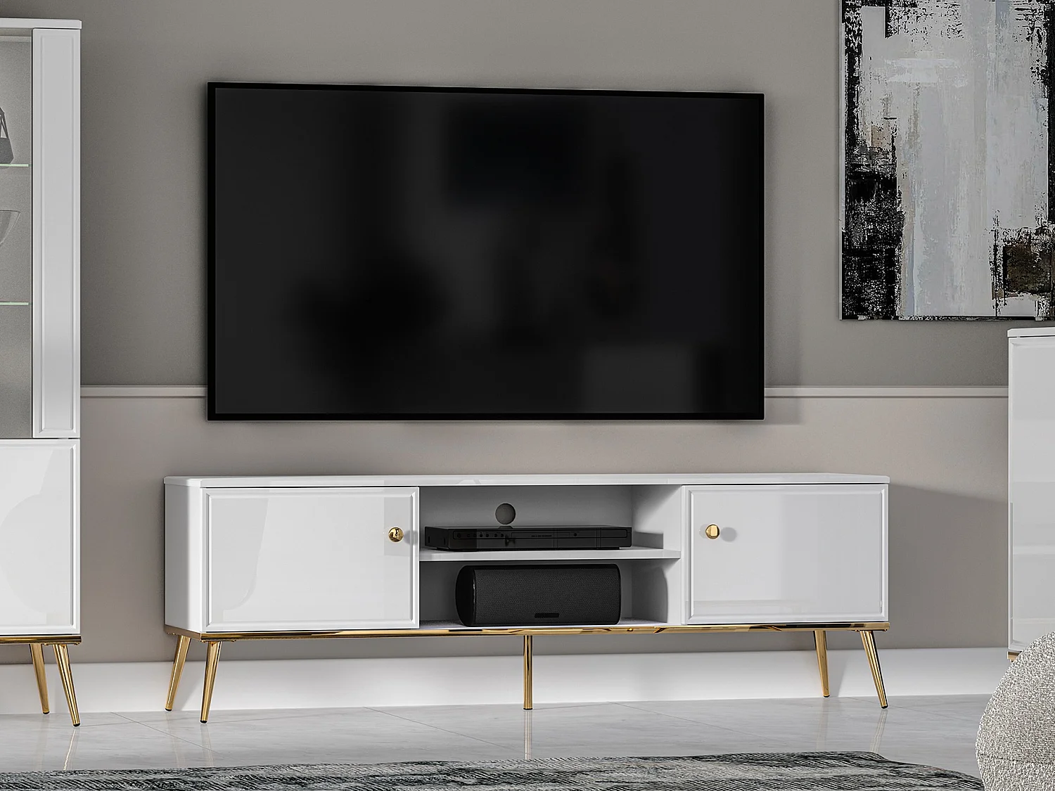 Meuble TV - 160 cm - avec pieds dorés - blanc - DARRBY