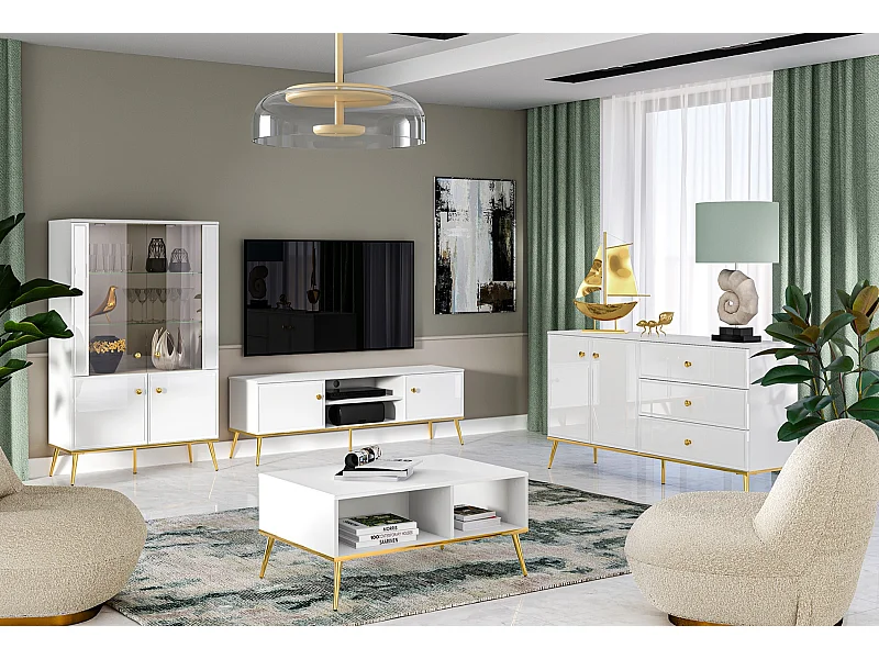 Meuble TV - 160 cm - avec pieds dorés - blanc - DARRBY