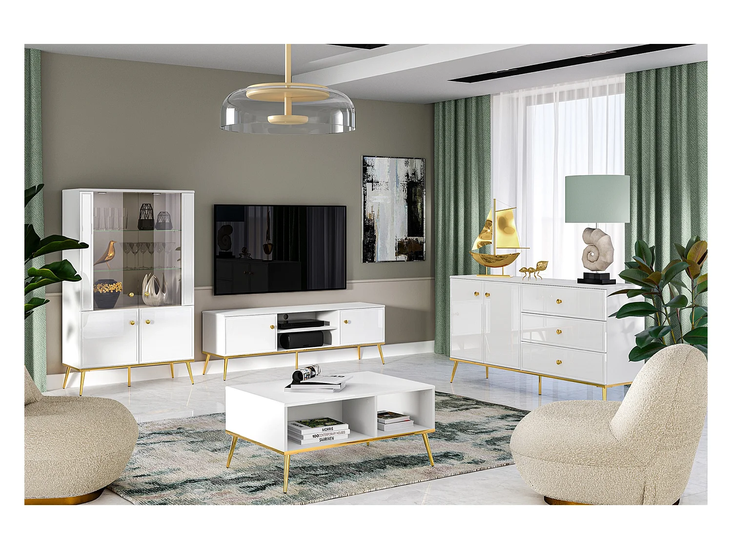 Table basse - 90x60 cm - blanc avec pieds dorés- DARRBY