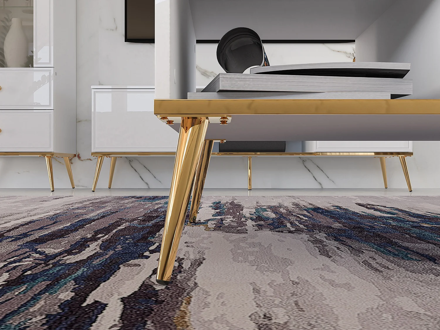 Table basse - 90x60 cm - blanc avec pieds dorés- DARRBY