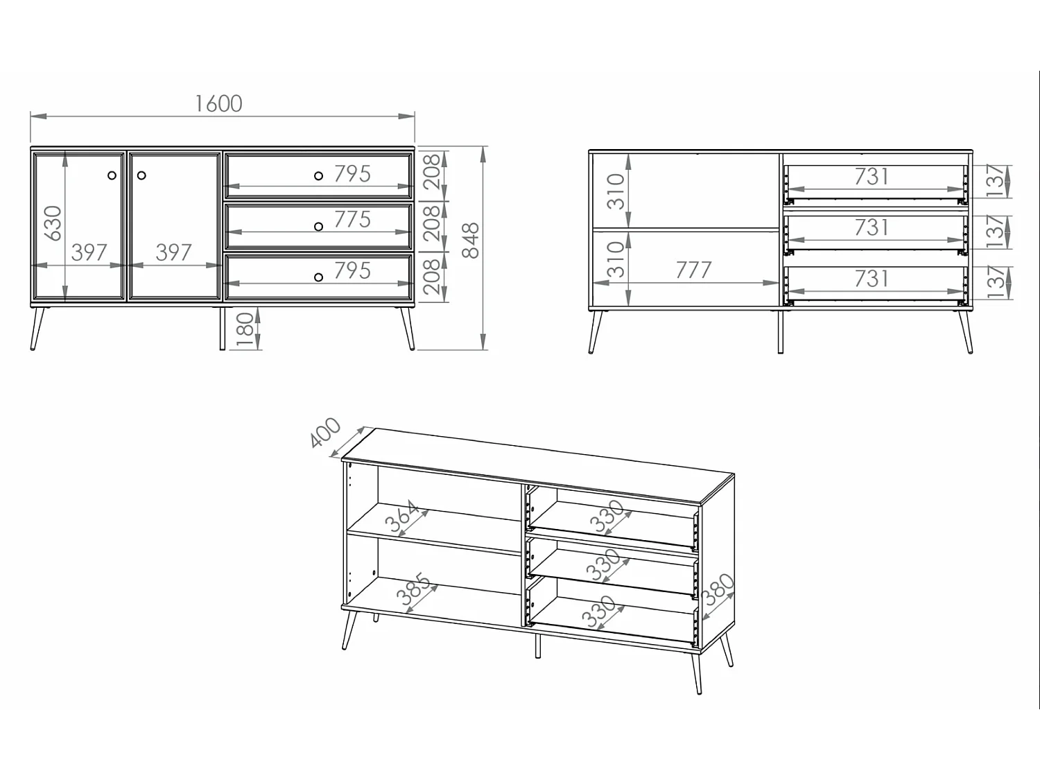 Buffet - 160 cm - 2 portes - blanc mat / brillant, pieds dorés - DARRBY