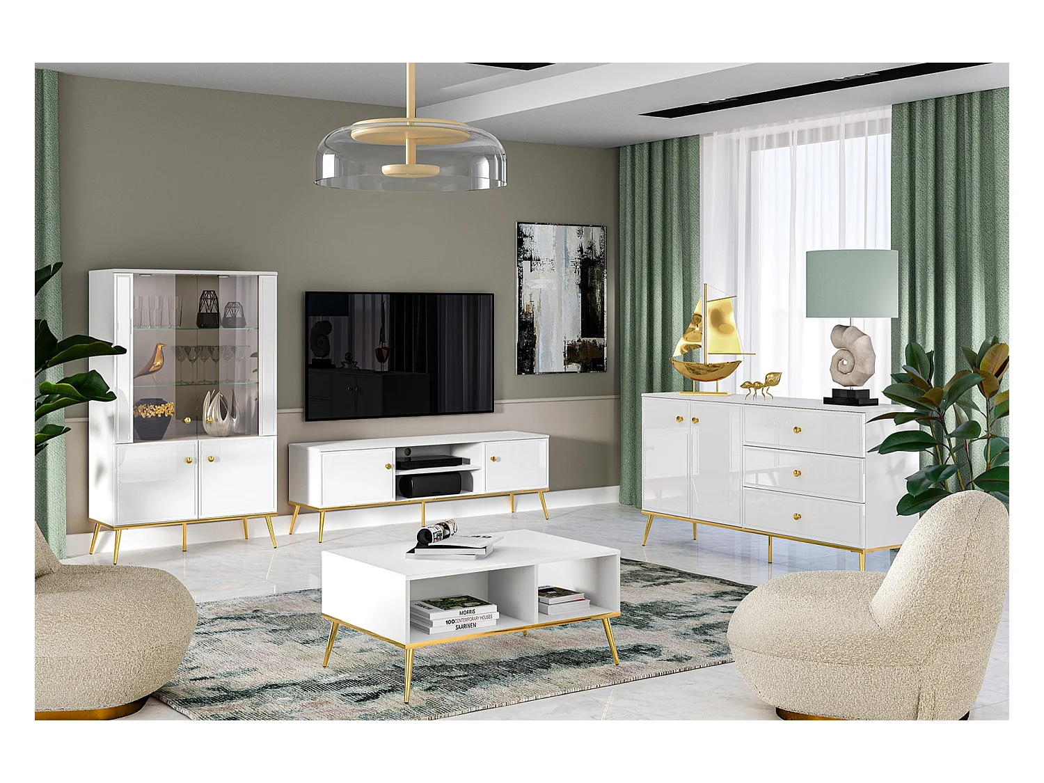 Dressoir - 160 cm - 2 deuren - mat/glans wit, gouden poten - DARRBY