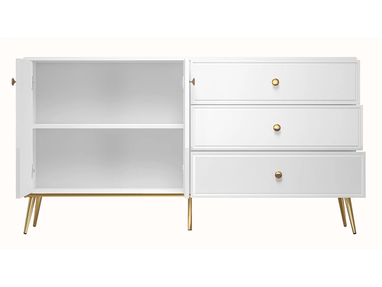 Buffet - 160 cm - 2 portes - blanc mat / brillant, pieds dorés - DARRBY