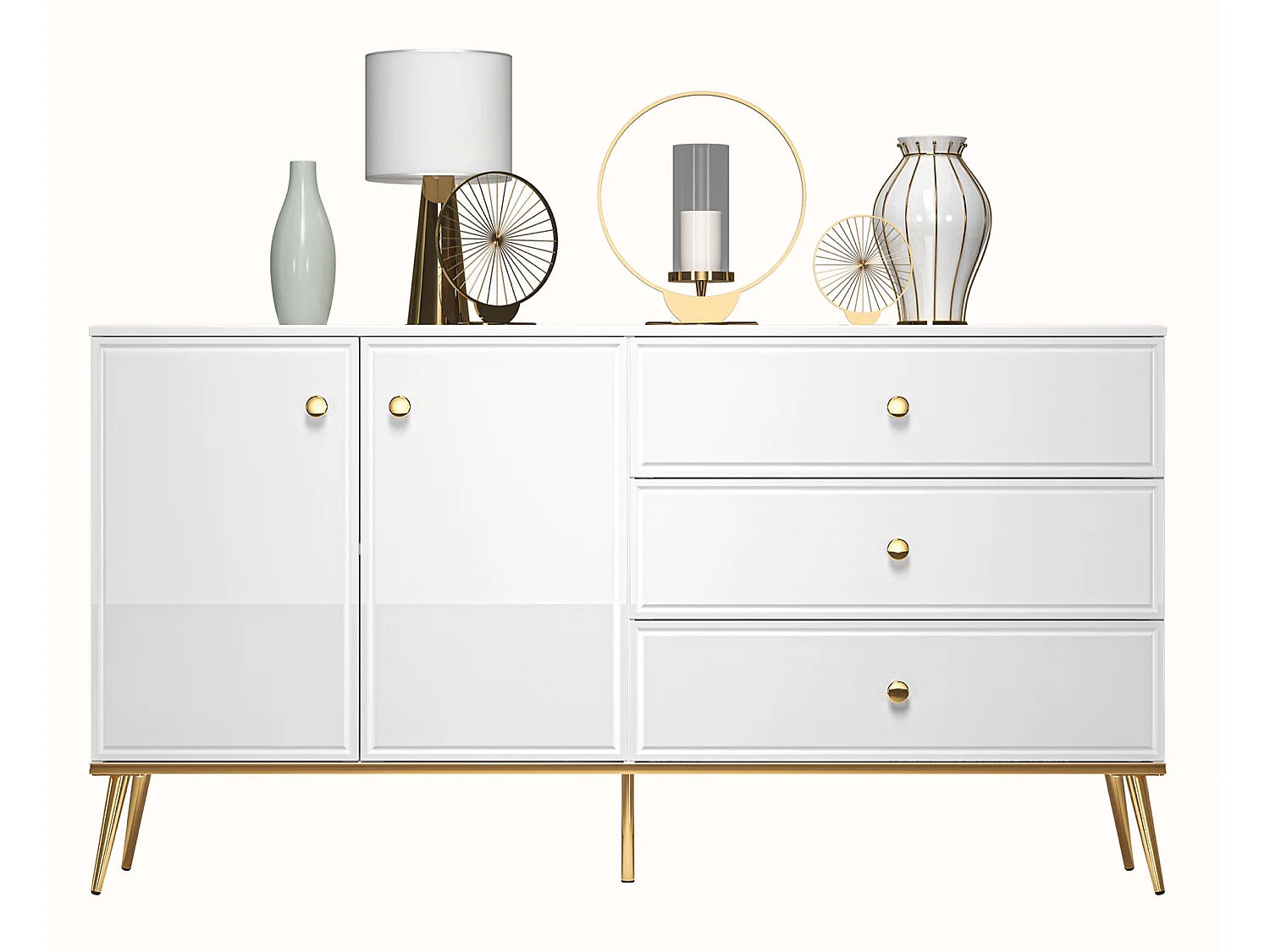 Buffet - 160 cm - 2 portes - blanc mat / brillant, pieds dorés - DARRBY