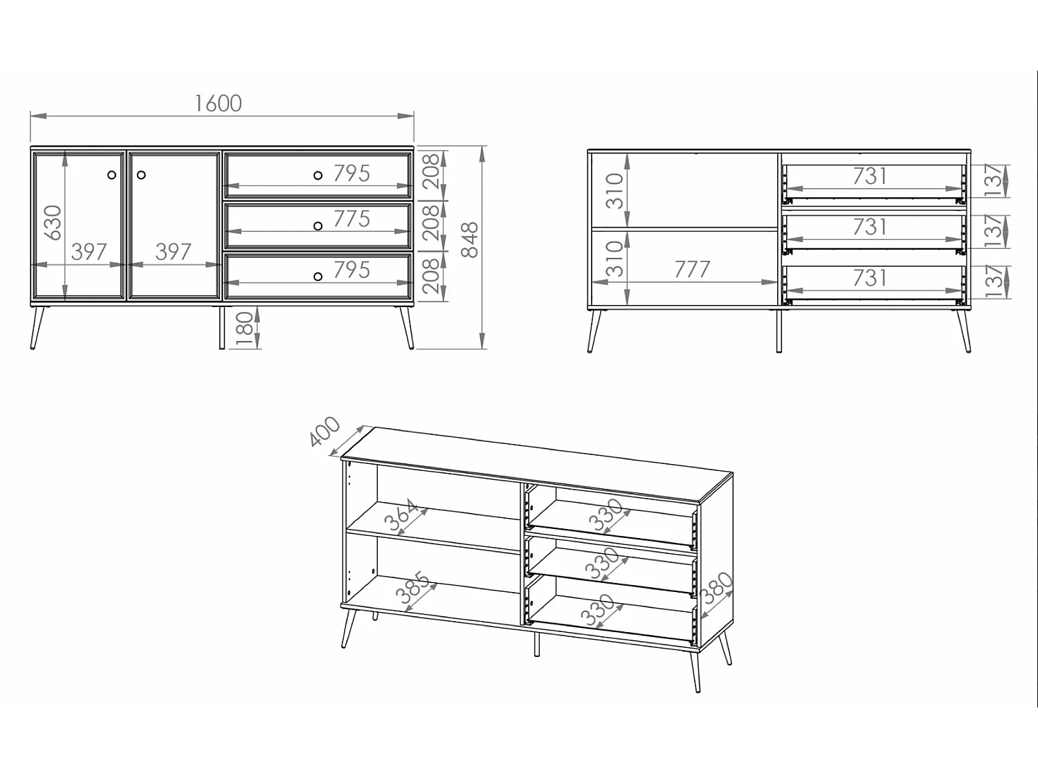 Buffet - 160 cm - 2 portes - blanc mat / brillant, pieds dorés - DARRBY