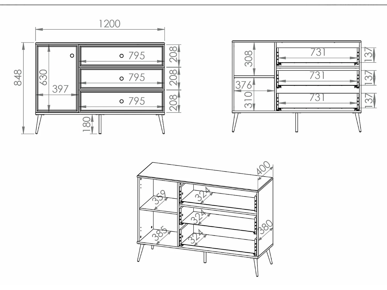 Sideboard 1-türig mit 3 Schubladen - Weiß Matt / Hochglanz - 120 cm - DARRBY
