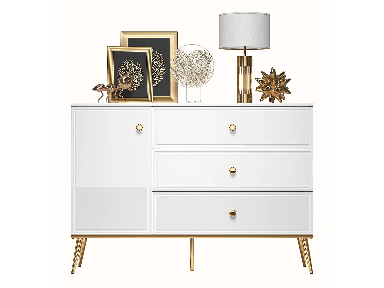 Sideboard 1-türig mit 3 Schubladen - Weiß Matt / Hochglanz - 120 cm - DARRBY