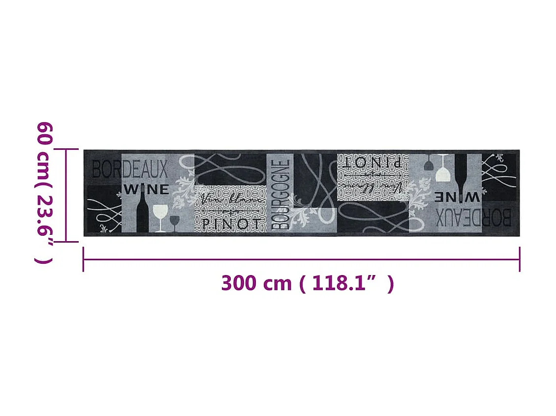 Tapis de cuisine lavable imprimé Wine gris 60x300 cm velours