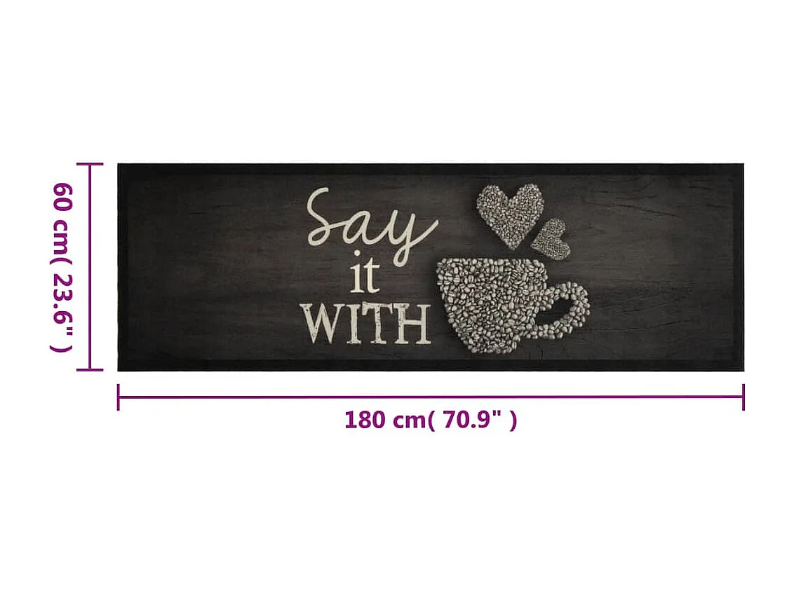 Tapis de cuisine lavable imprimé tasse noir 60x180 cm velours