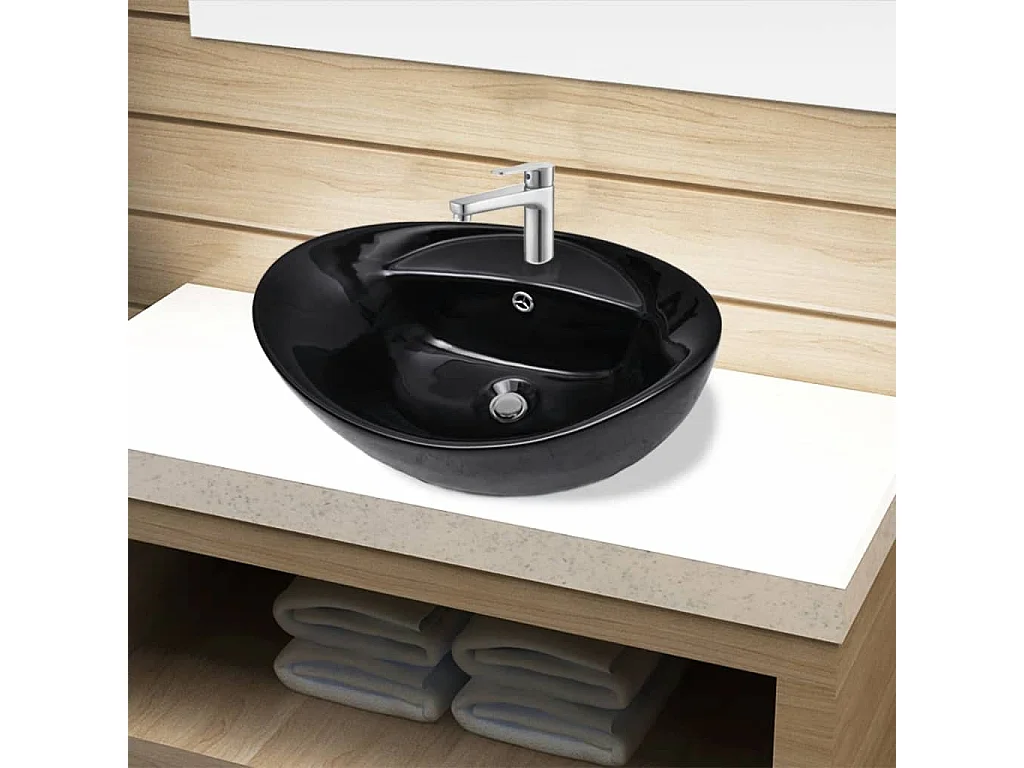 Vasque ovale à trou trop-plein/robinet céramique pour salle de bain