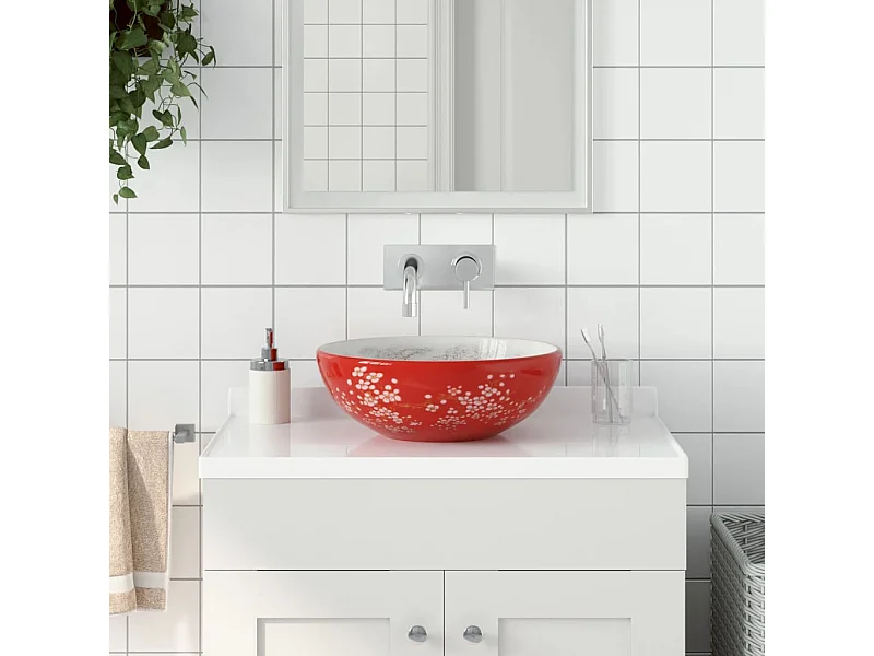 Lavabo da appoggio rotondo bianco e rosso Φ41x14 cm in ceramica
