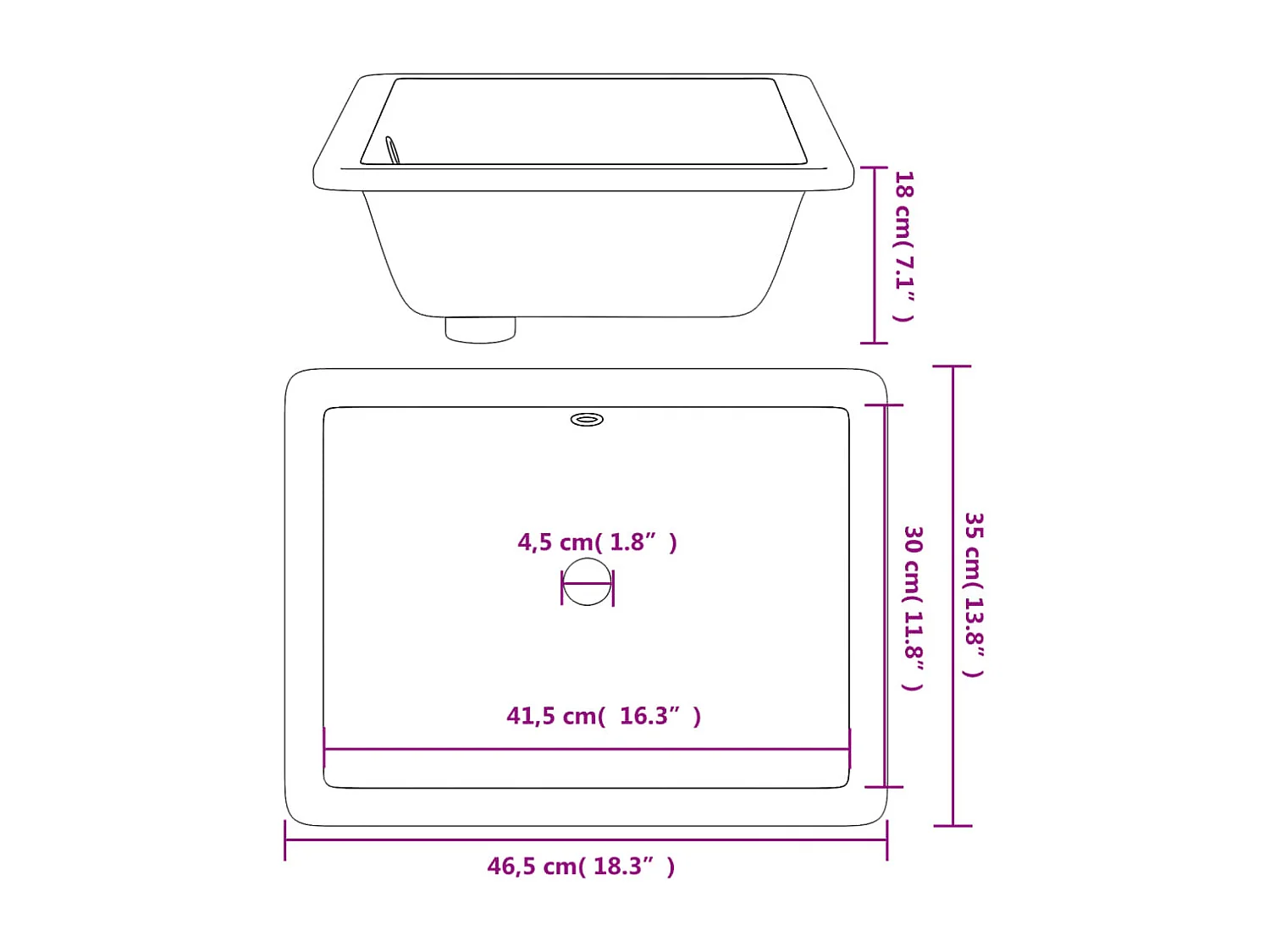 Pia de banheiro branca 46,5x35x18 cm cerâmica retangular