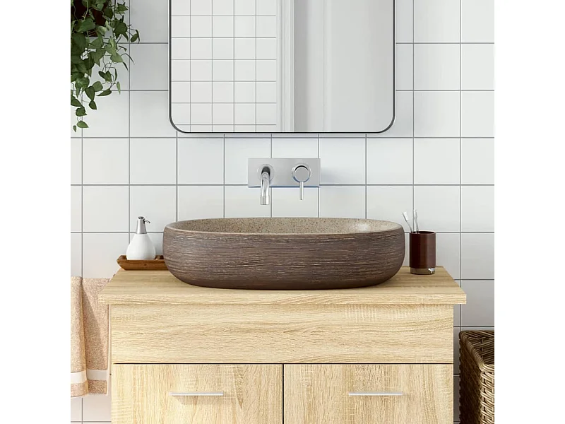 Lavabo da appoggio ovale sabbia e marrone 59x40x14 cm in ceramica