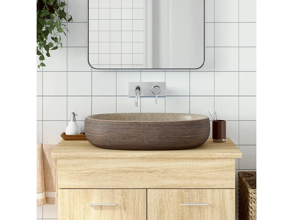 Lavabo da appoggio ovale sabbia e marrone 59x40x14 cm in ceramica