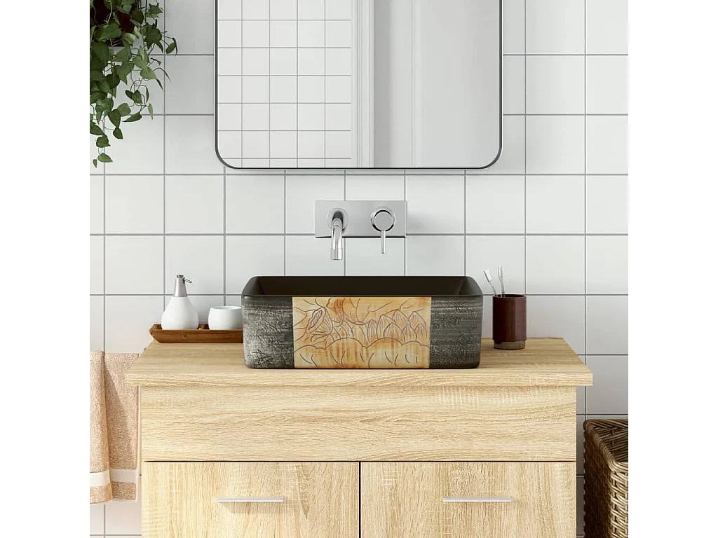 Lavabo da appoggio rettangolare in ceramica nera e marrone