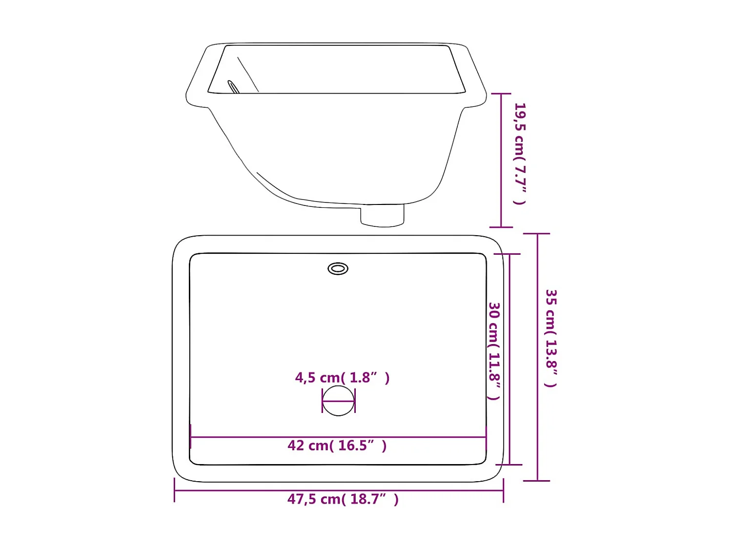 Weißes rechteckiges Waschbecken aus Keramik