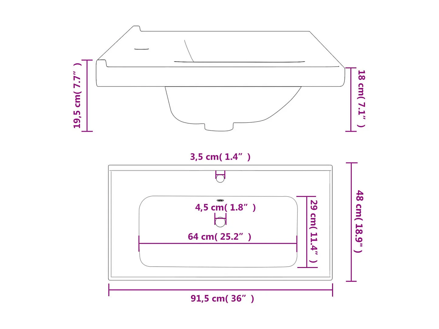 Évier de salle de bain blanc rectangulaire céramique