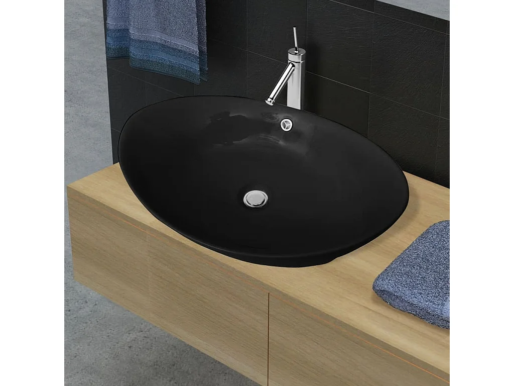 Fregadero ovalado de cerámica negro con rebosadero 59 x 38,5 cm