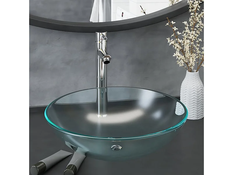 Lavabo de bain avec robinet et drain à poussoir Verre trempé