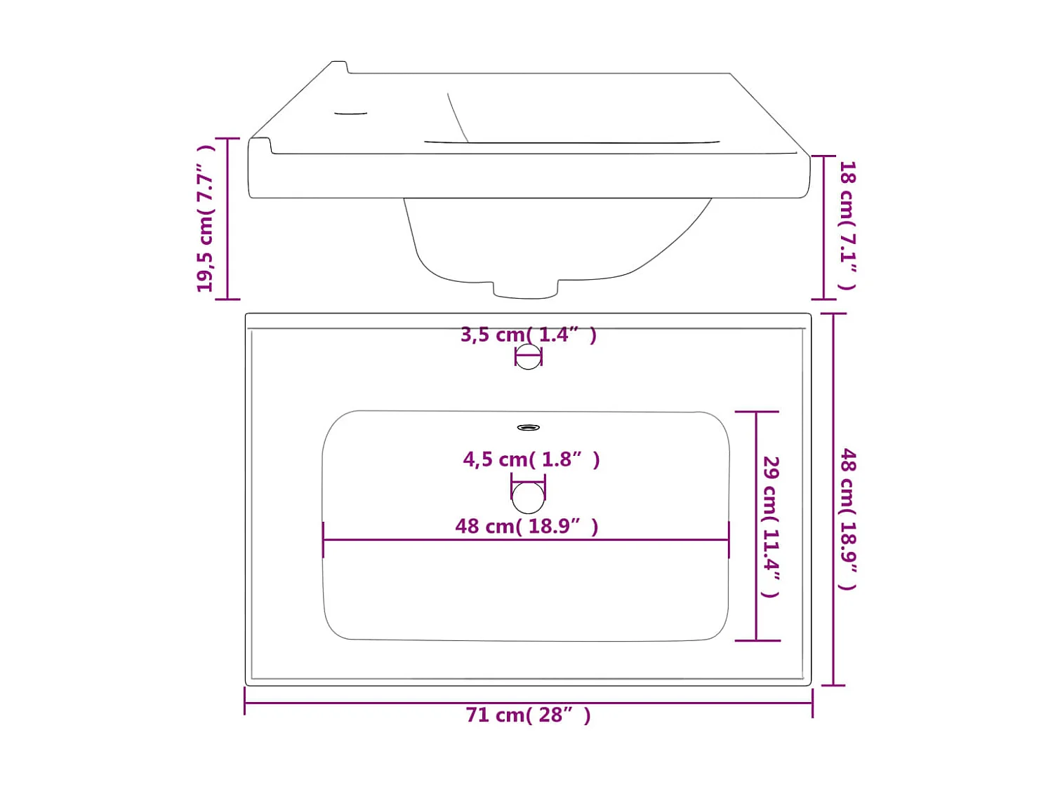 Évier salle de bain blanc 71x48x19,5 cm rectangulaire céramique