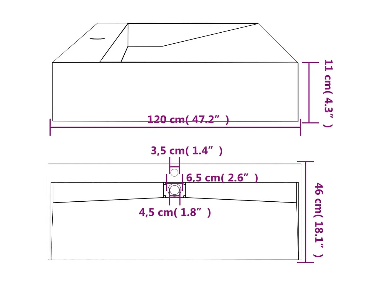 Lavabo 120x46x11 cm colata minerale/marmo nero opaco