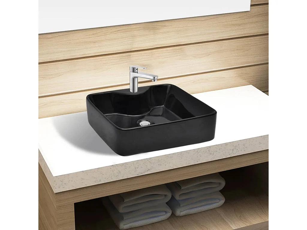 Lavabo cuadrado con orificio para grifo cerámico negro para baño
