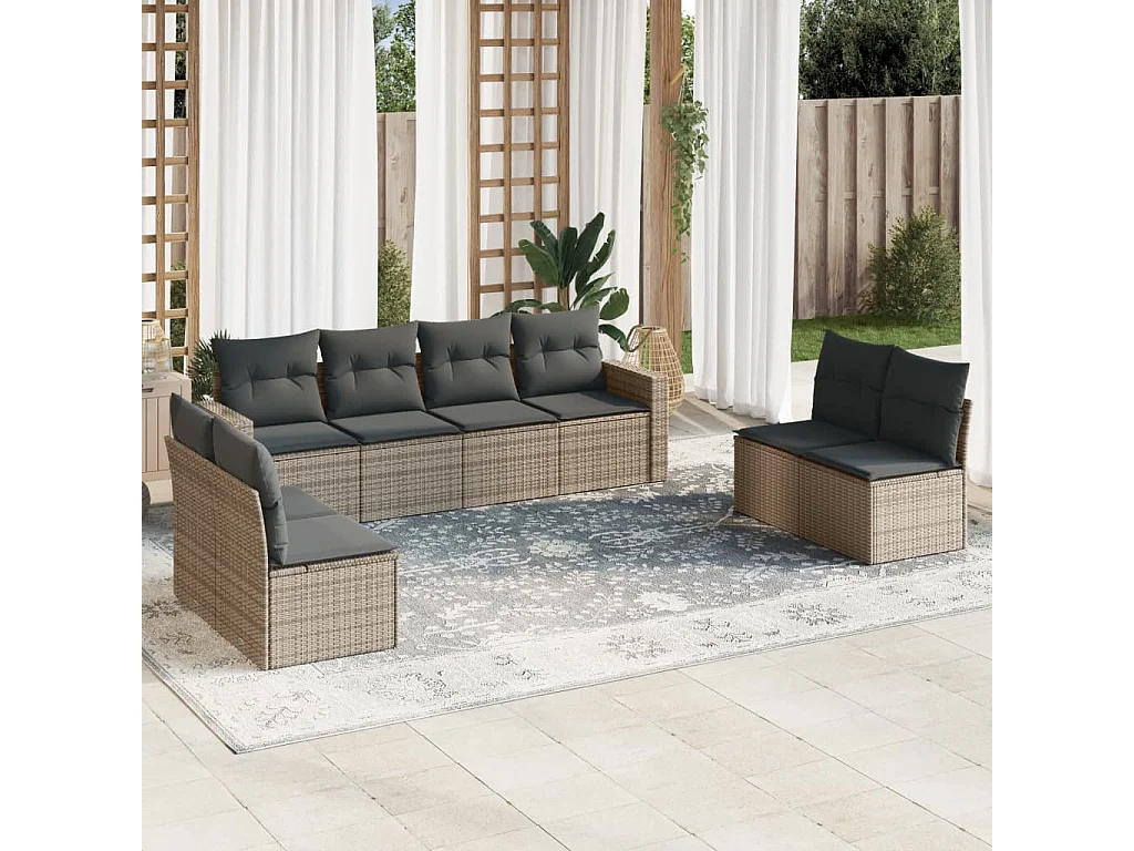 Set Divano da Giardino 9 pz con Cuscini Grigio in Polyrattan