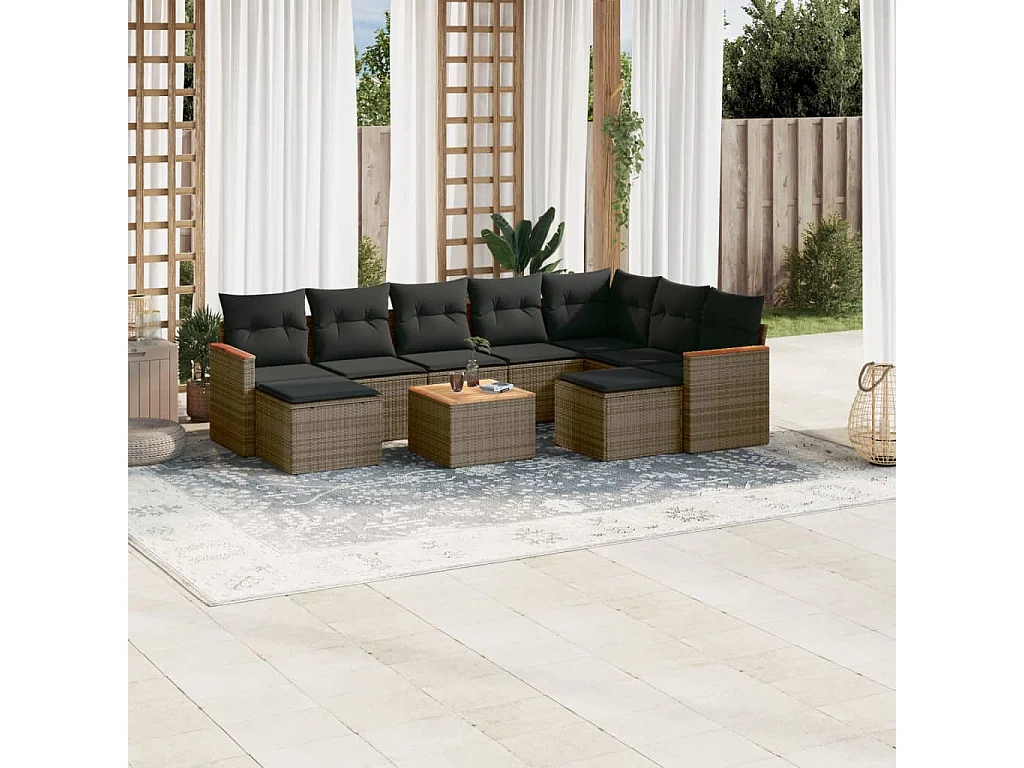Set Divano da Giardino 10 pz con Cuscini Grigio in Polyrattan