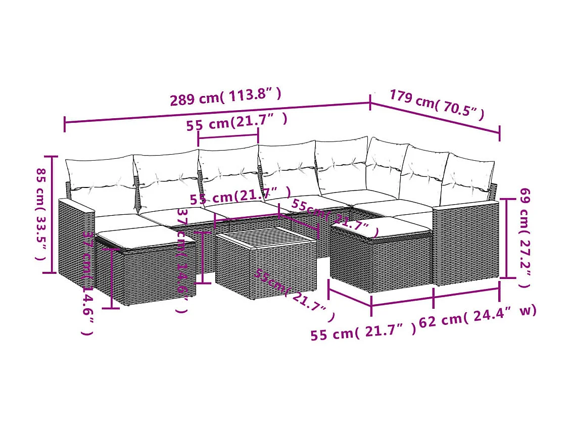 Set Divano da Giardino 10 pz con Cuscini Grigio in Polyrattan