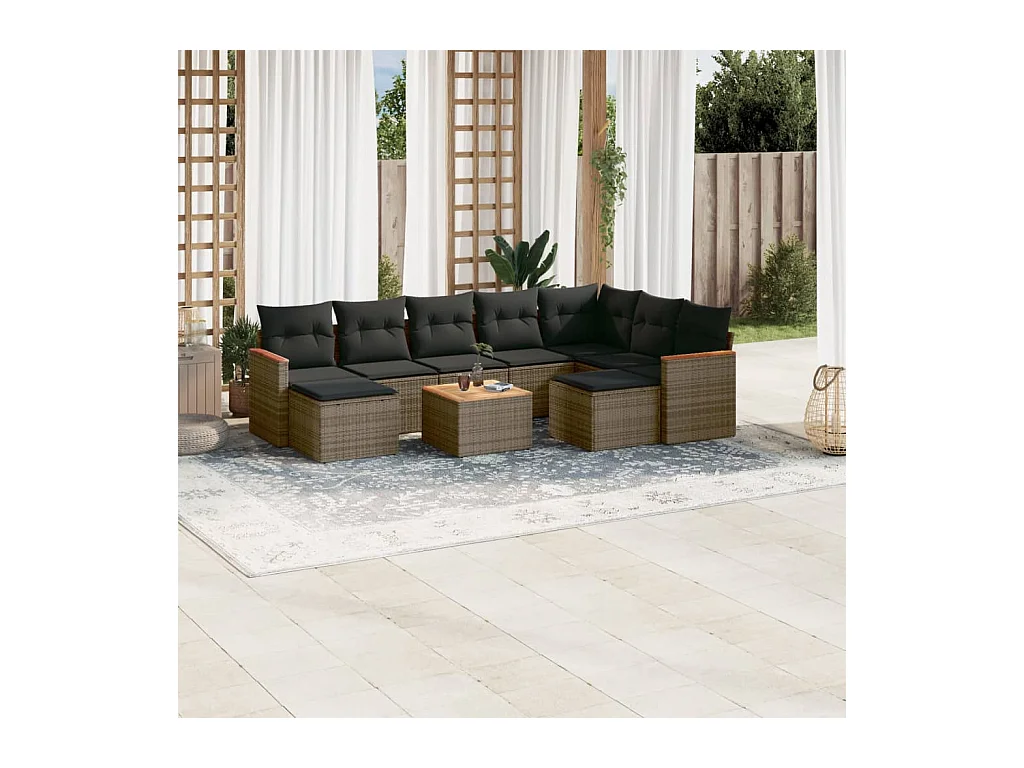 Salon de jardin avec coussins 10 pcs gris résine tressée