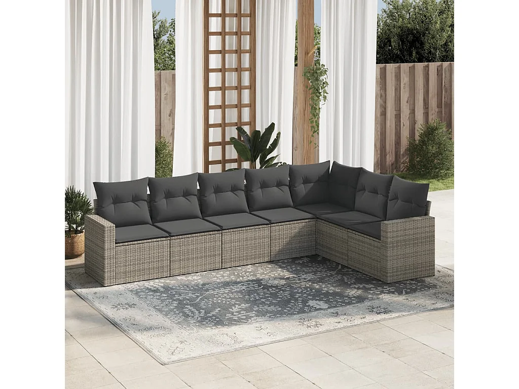 Salon de jardin avec coussins 7 pcs gris résine tressée