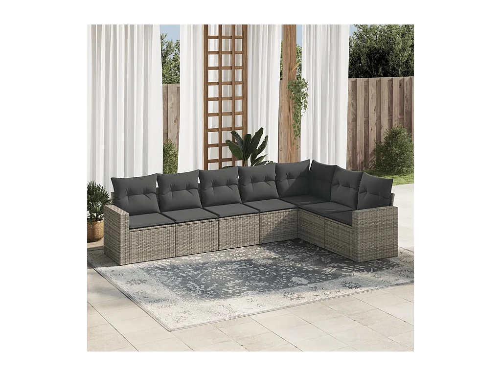 Salon de jardin avec coussins 7 pcs gris résine tressée