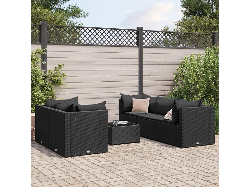Set muebles de jardín 6 piezas y cojines ratán sintético negro