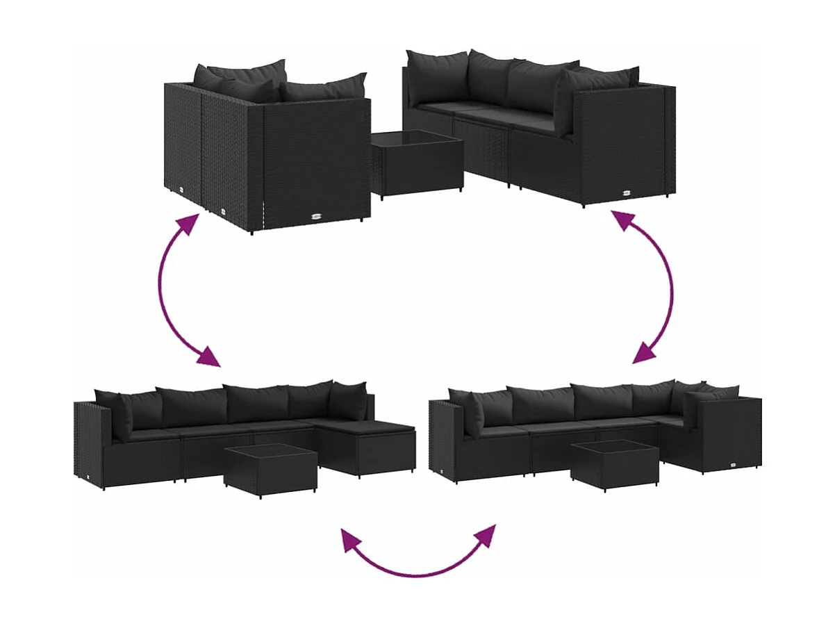 Set muebles de jardín 6 piezas y cojines ratán sintético negro