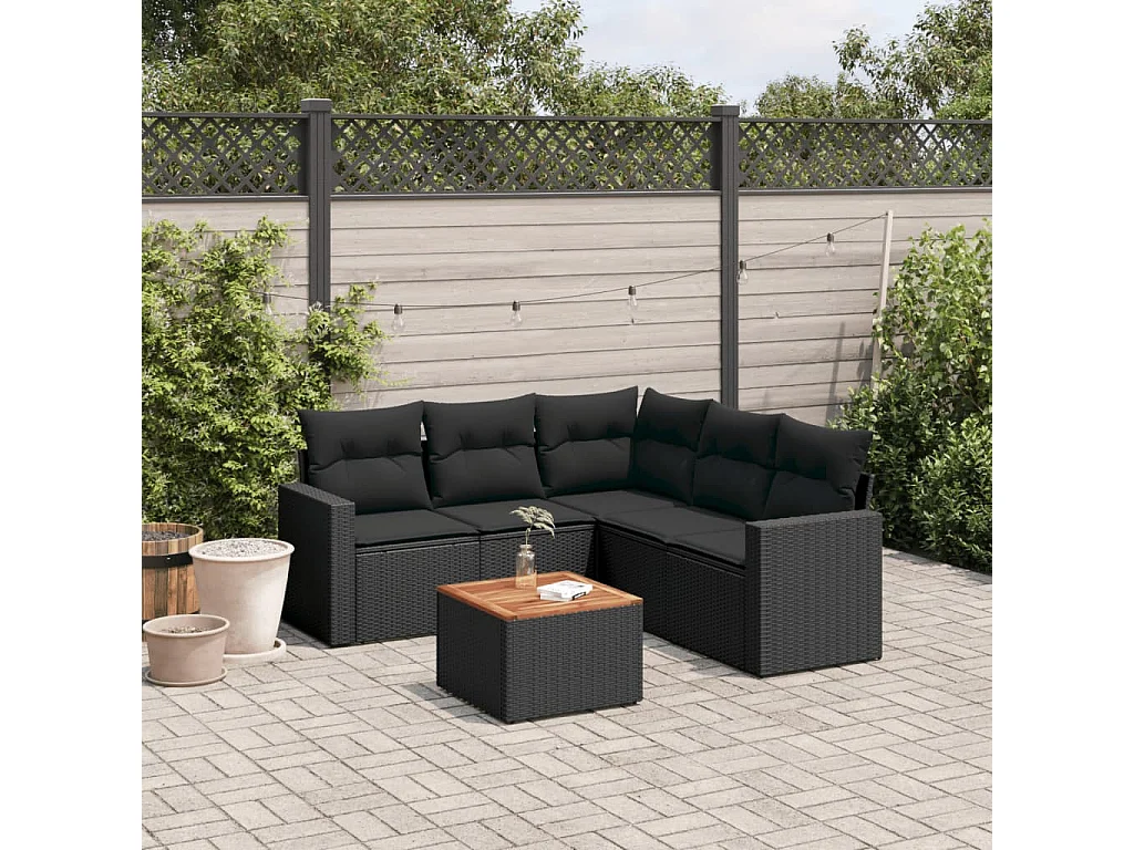 Set Divano da Giardino 6 pz con Cuscini Nero in Polyrattan