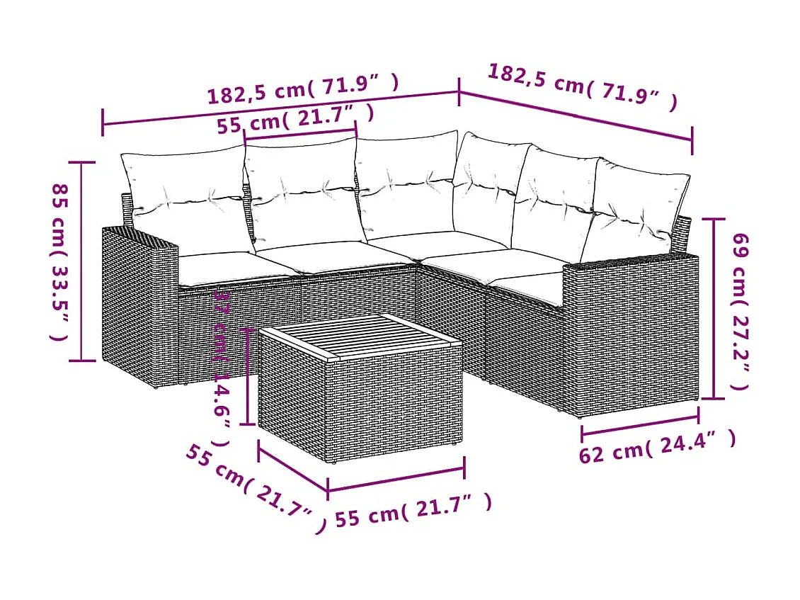 Set Divano da Giardino 6 pz con Cuscini Nero in Polyrattan