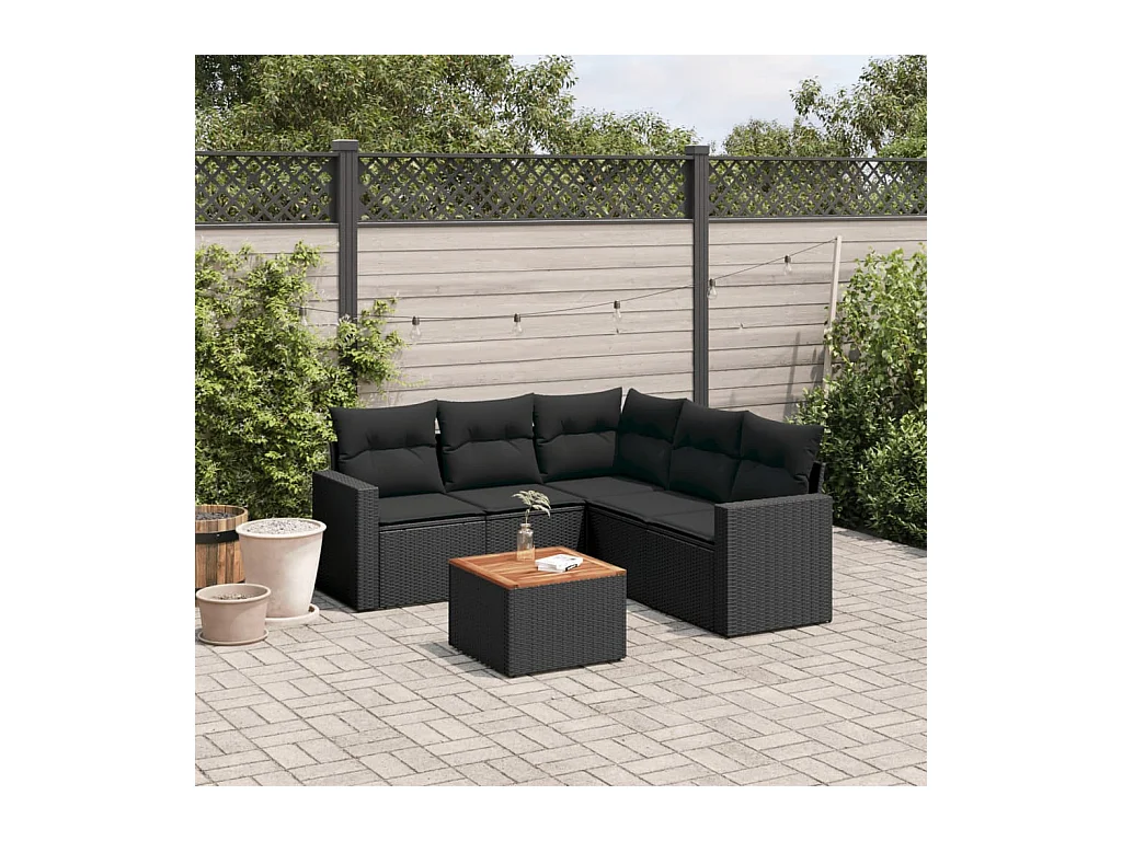 Set de sofás de jardín 6 piezas y cojines ratán sintético negro