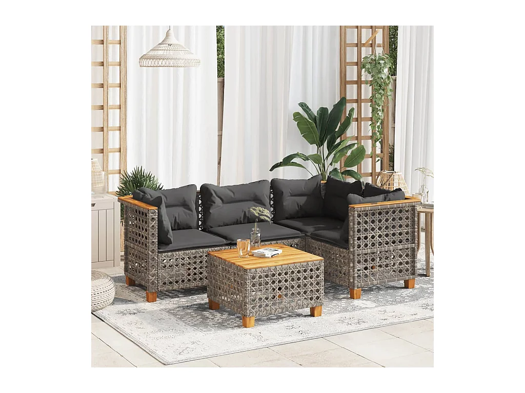 5 pcs conjunto sofás de jardim c/ almofadões vime PE cinzento
