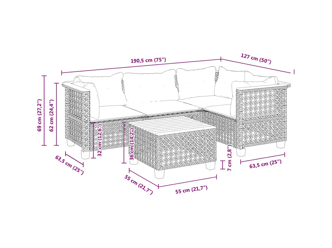 Salon de jardin 5 pcs avec coussins gris résine tressée