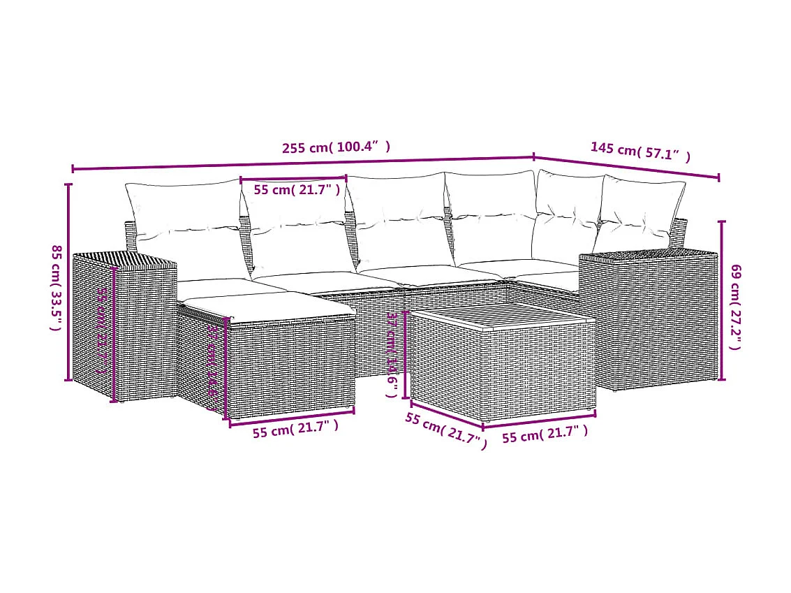 Set Divani da Giardino 7 pz con Cuscini Beige in Polyrattan