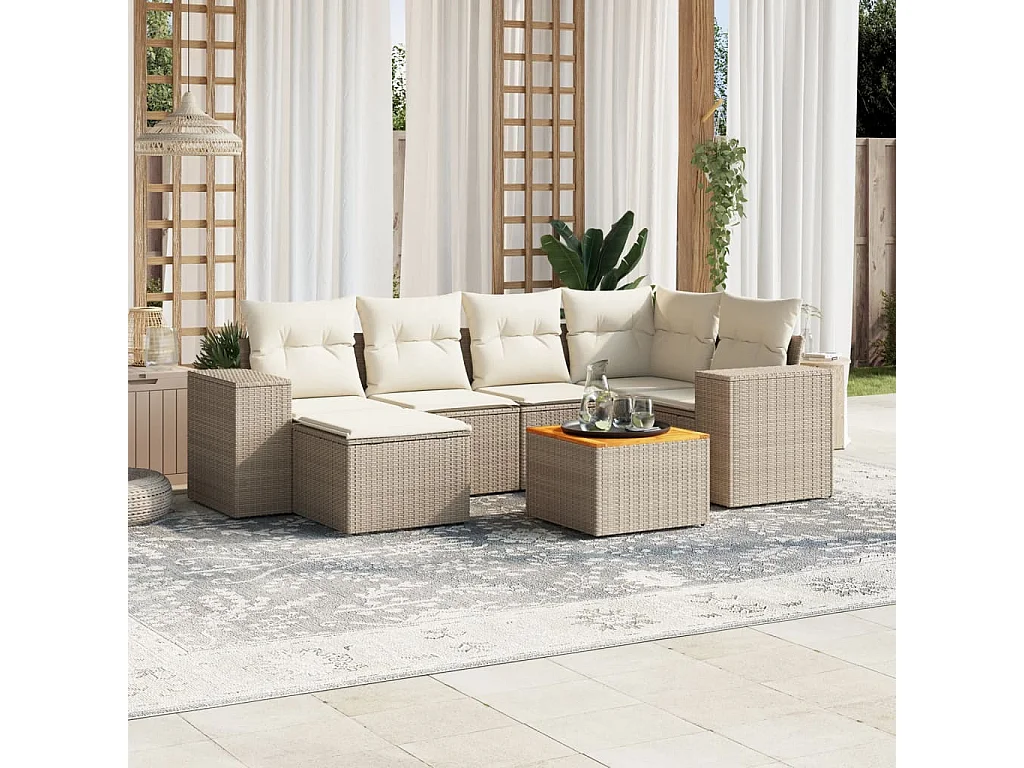 7-tlg. Garten-Sofagarnitur mit Kissen Beige Poly Rattan