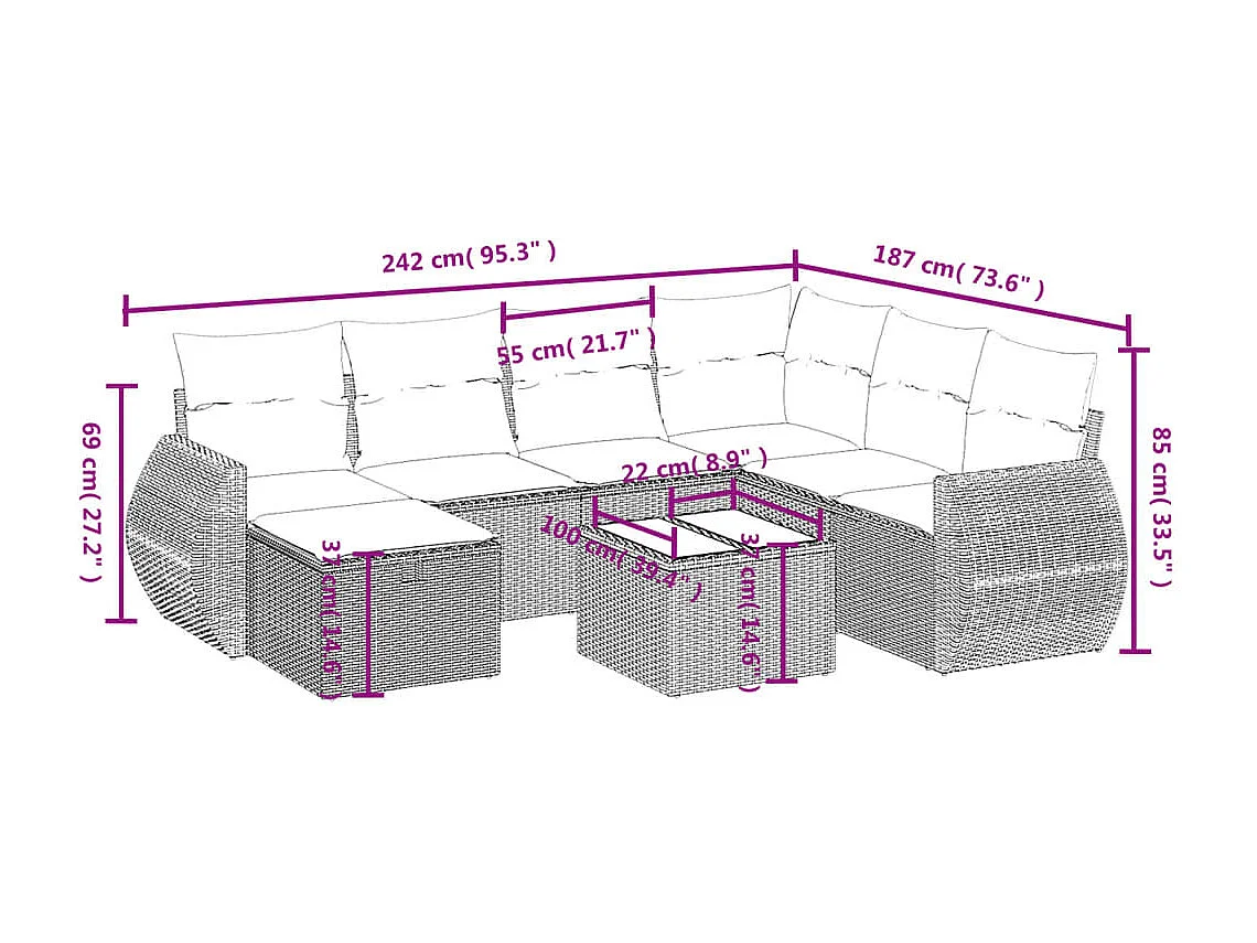 Salon de jardin 8 pcs avec coussins gris clair résine tressée
