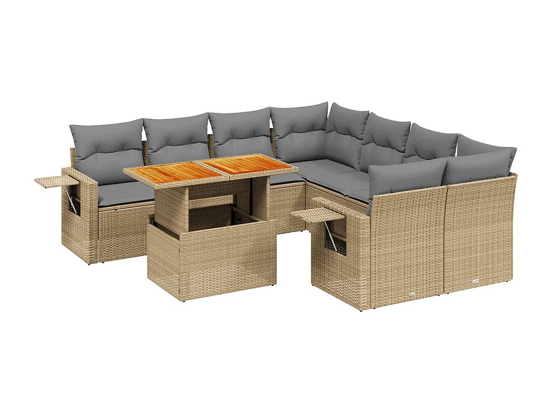 Salon de jardin avec coussins 9 pcs beige résine tressée