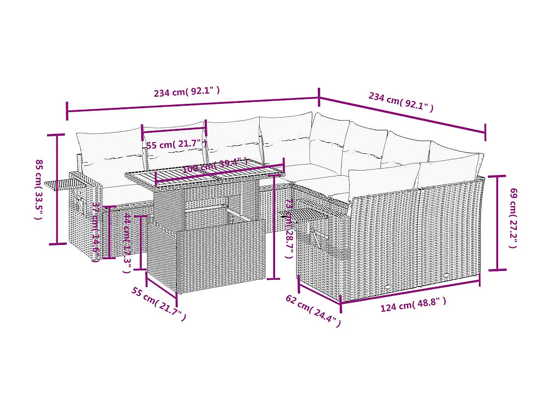 Salon de jardin avec coussins 9 pcs beige résine tressée