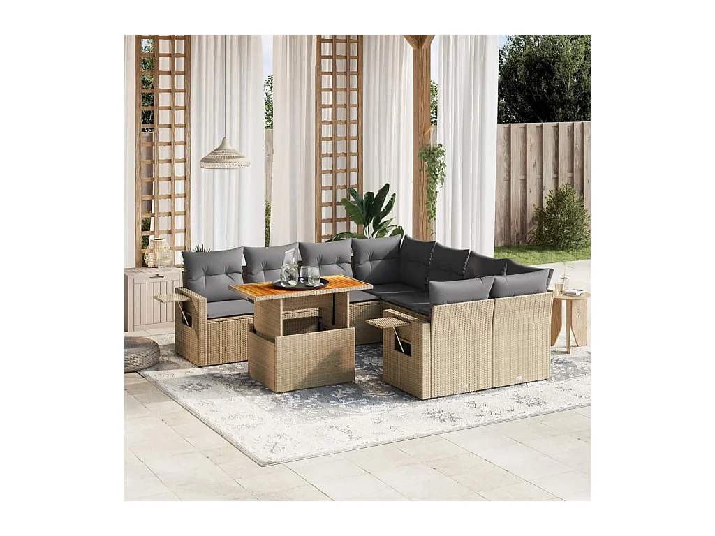 Salon de jardin avec coussins 9 pcs beige résine tressée