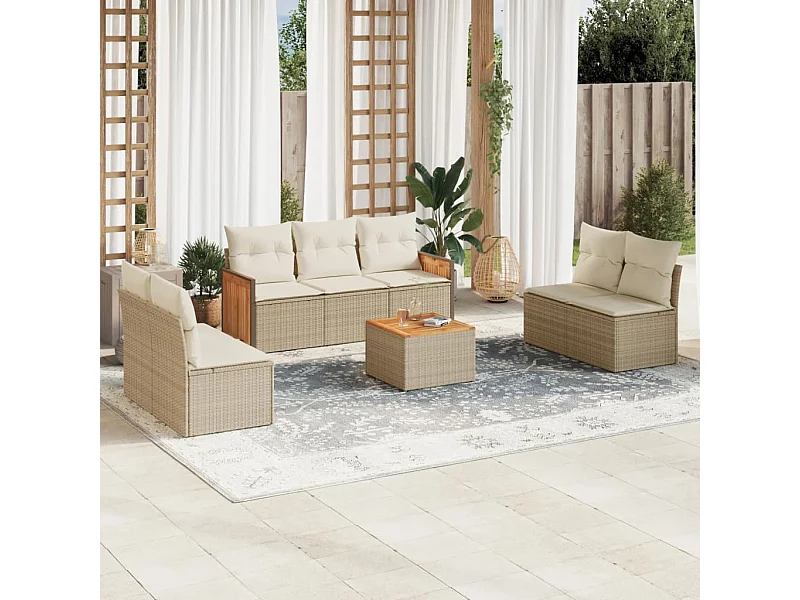 Salon de jardin avec coussins 8 pcs beige résine tressée