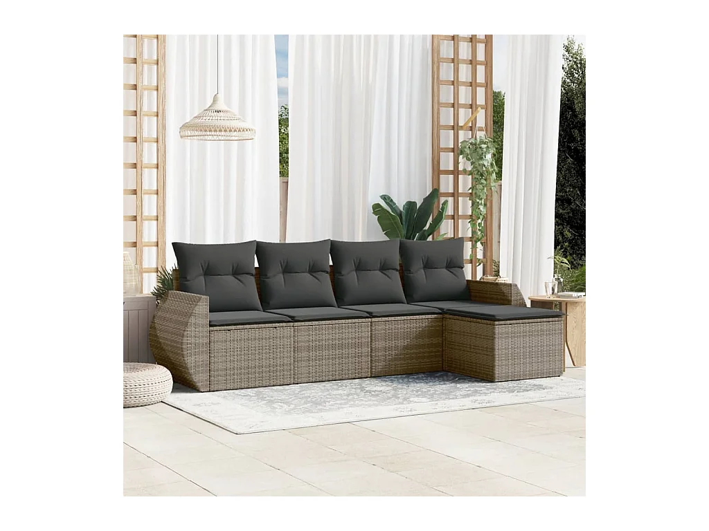 5 pcs conjunto sofás de jardim c/ almofadões vime PE cinzento