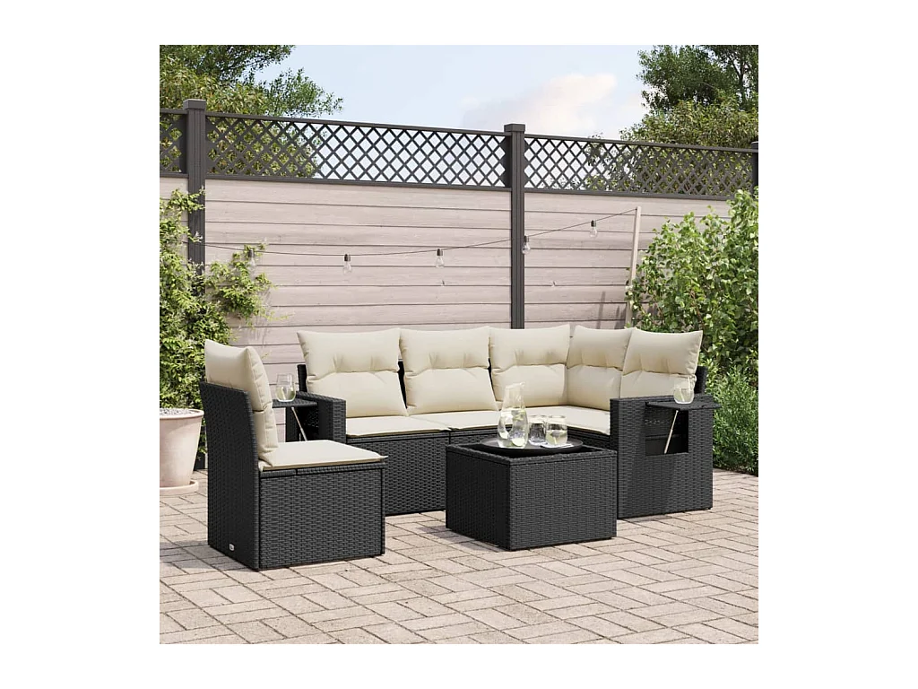 Salon de jardin 6 pcs avec coussins noir résine tressée
