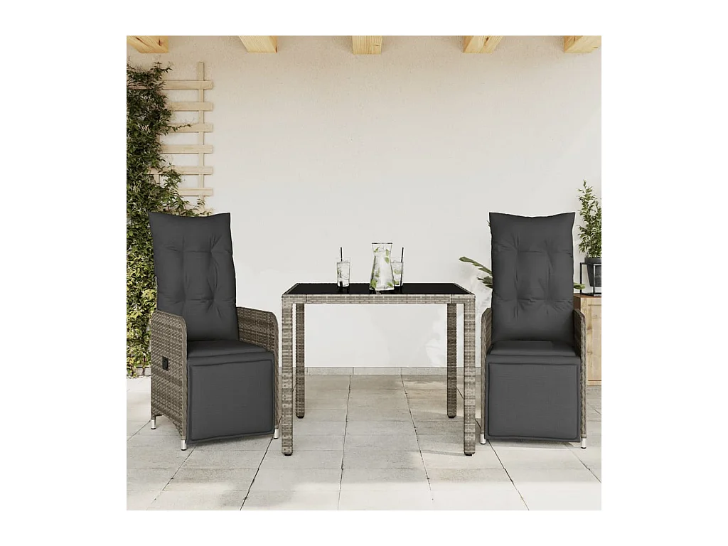 Ensemble de bistro de jardin 3 pcs coussins gris poly rotin