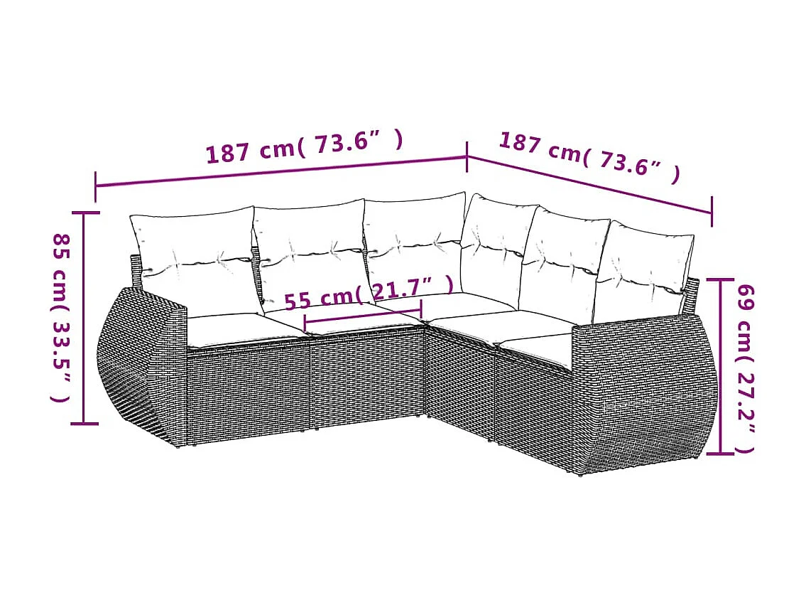 Salon de jardin 5 pcs avec coussins gris clair résine tressée